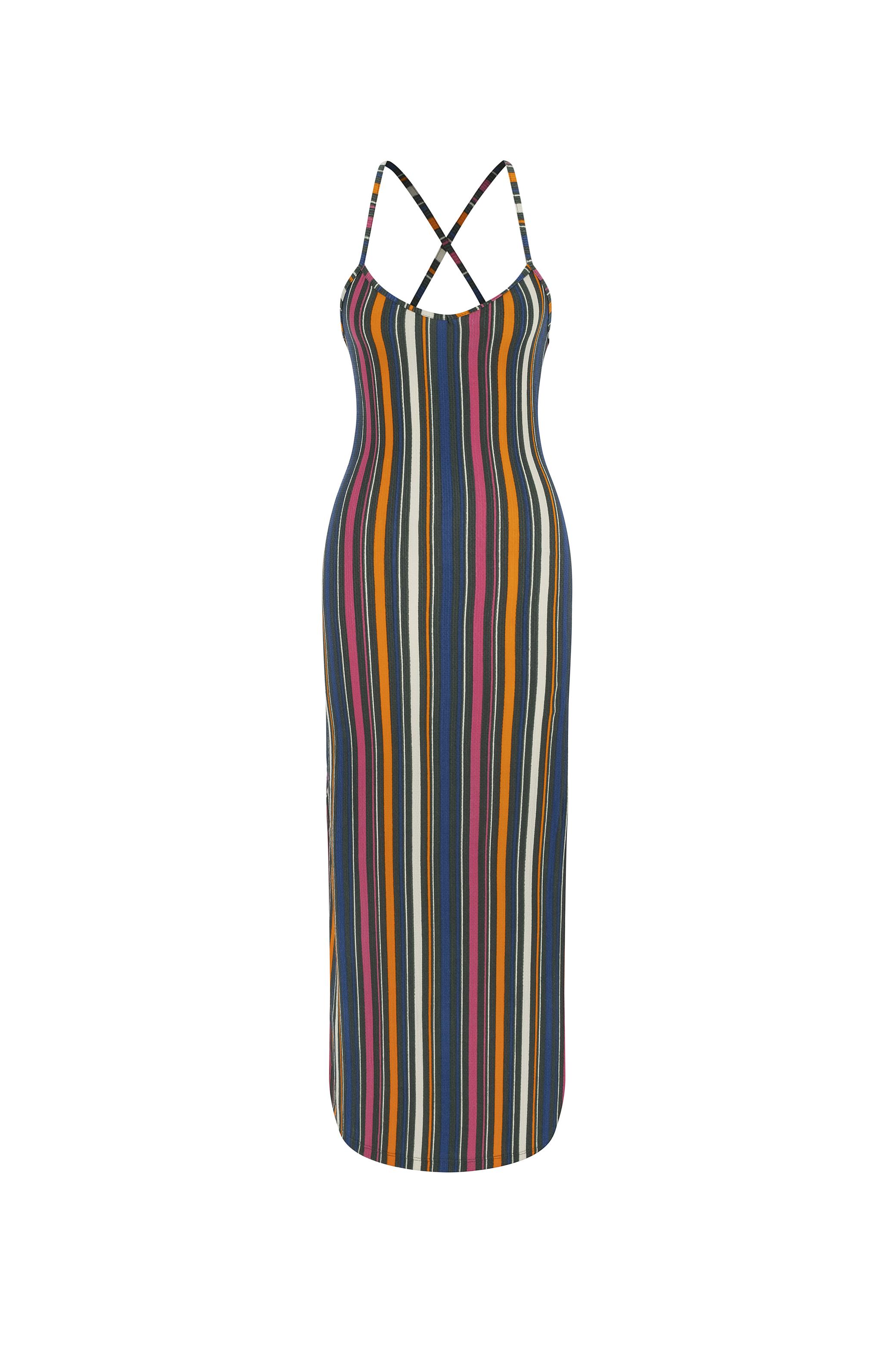 ÇİZGİLİ ÇAPRAZ ASKILI DÜZ KESİM UZUN ELBİSE