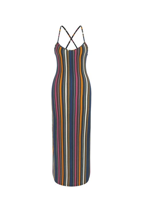  ÇİZGİLİ ÇAPRAZ ASKILI DÜZ KESİM UZUN ELBİSE