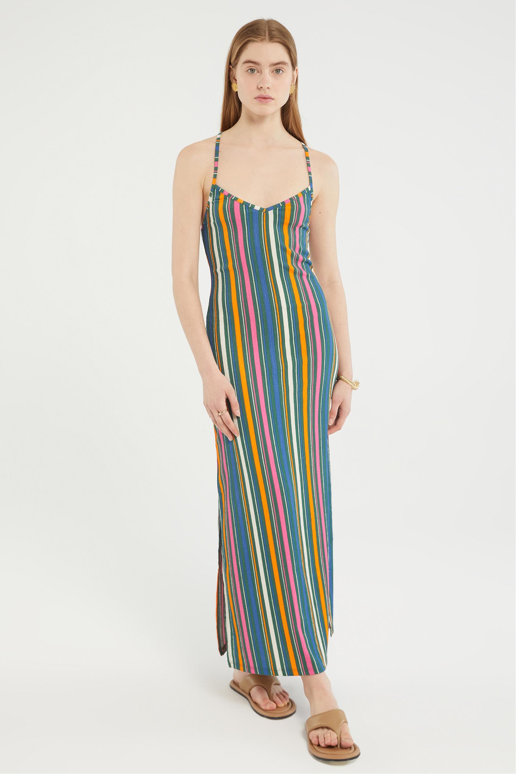 ÇİZGİLİ ÇAPRAZ ASKILI DÜZ KESİM UZUN ELBİSE