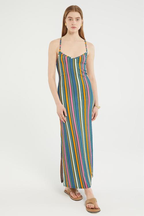  ÇİZGİLİ ÇAPRAZ ASKILI DÜZ KESİM UZUN ELBİSE