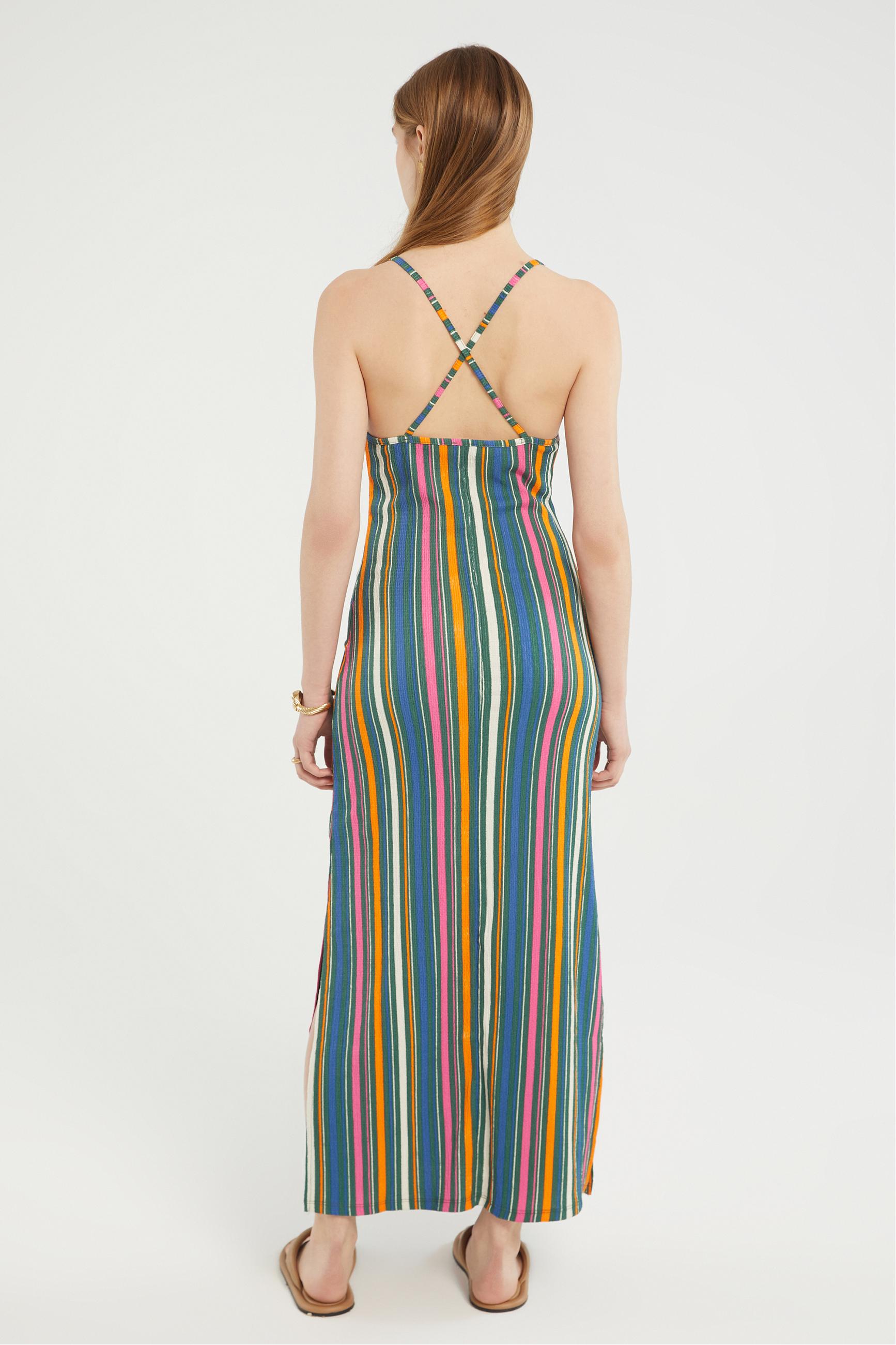 ÇİZGİLİ ÇAPRAZ ASKILI DÜZ KESİM UZUN ELBİSE