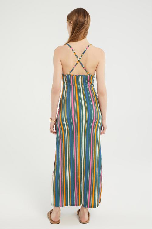  ÇİZGİLİ ÇAPRAZ ASKILI DÜZ KESİM UZUN ELBİSE