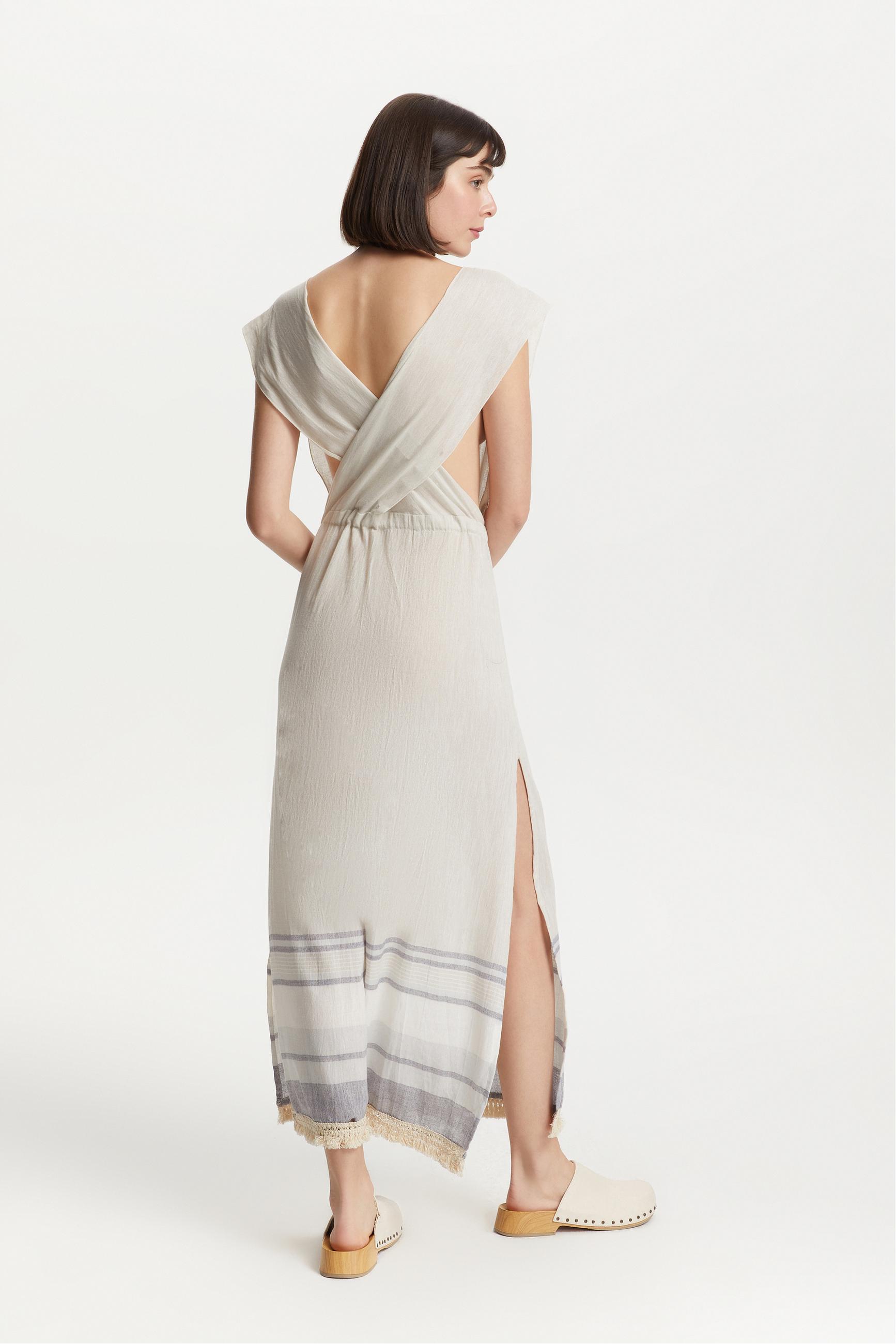 BELİ BAĞLAMALI UZUN PLAJ ELBİSESİ