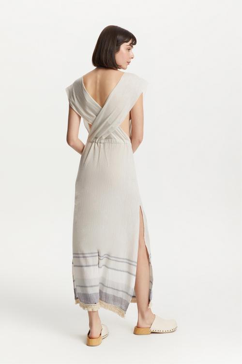  BELİ BAĞLAMALI UZUN PLAJ ELBİSESİ