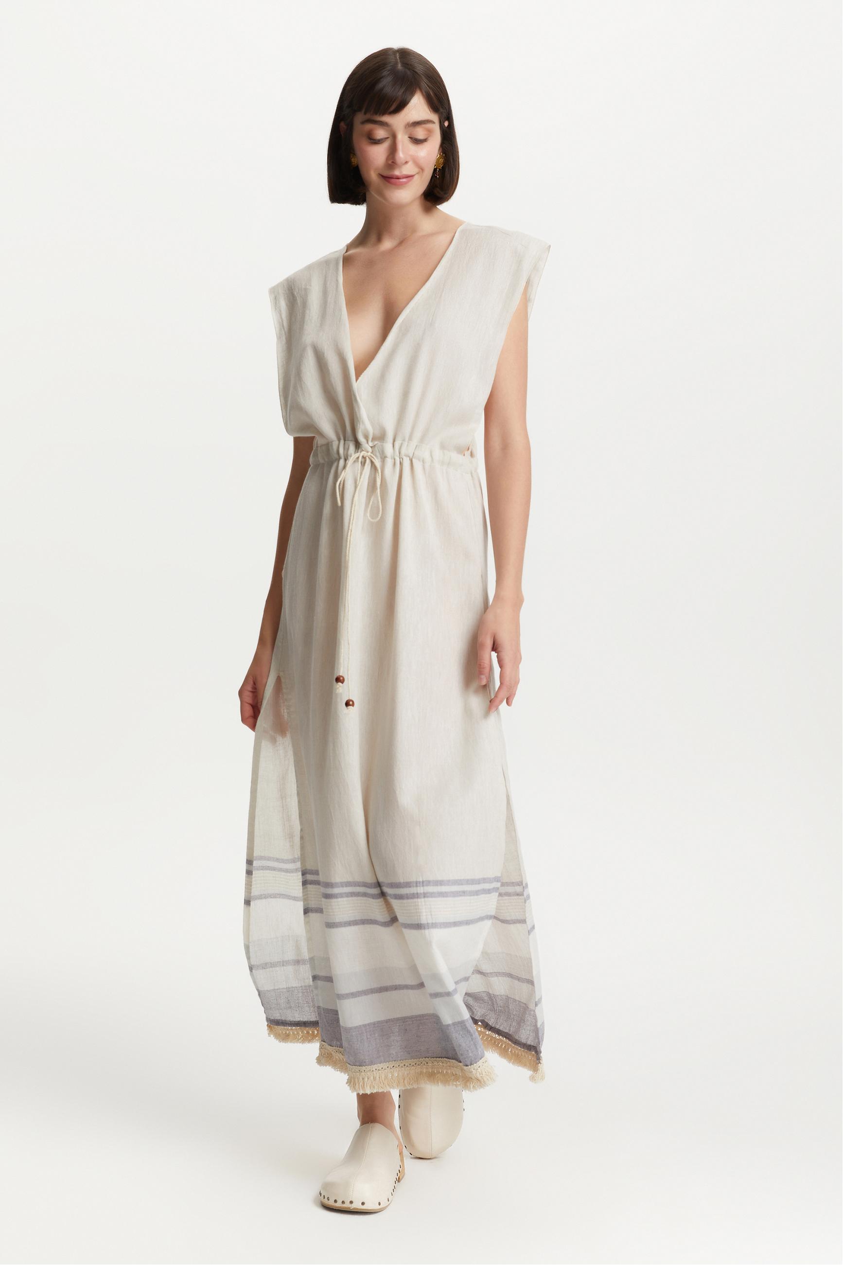 BELİ BAĞLAMALI UZUN PLAJ ELBİSESİ