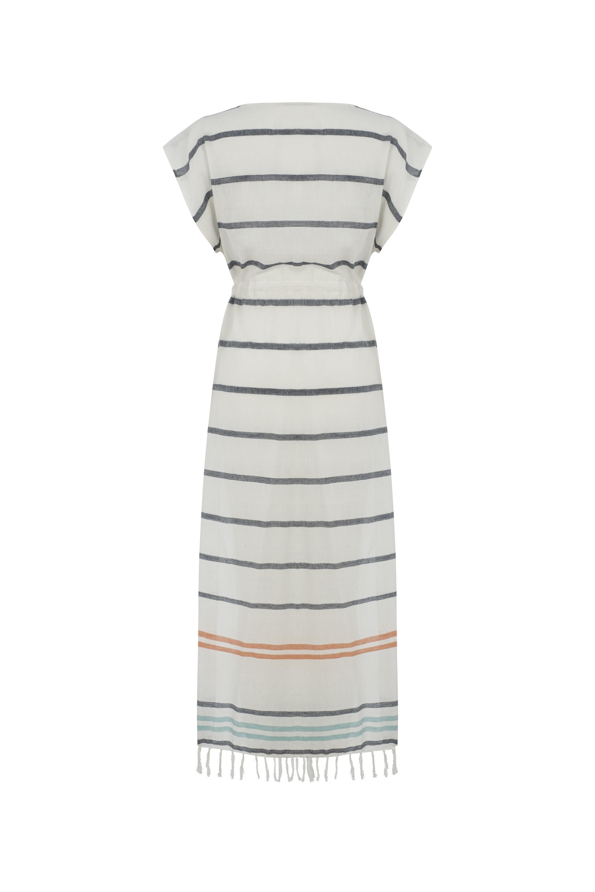 BELİ BAĞLAMALI ÇİZGİLİ UZUN PLAJ ELBİSESİ