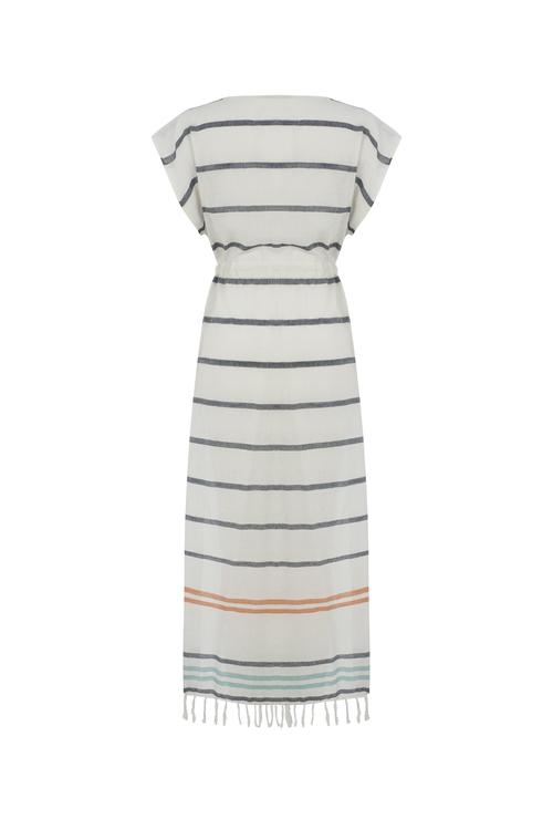  BELİ BAĞLAMALI ÇİZGİLİ UZUN PLAJ ELBİSESİ