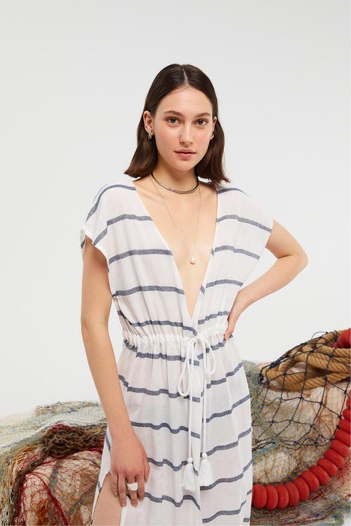  BELİ BAĞLAMALI ÇİZGİLİ UZUN PLAJ ELBİSESİ