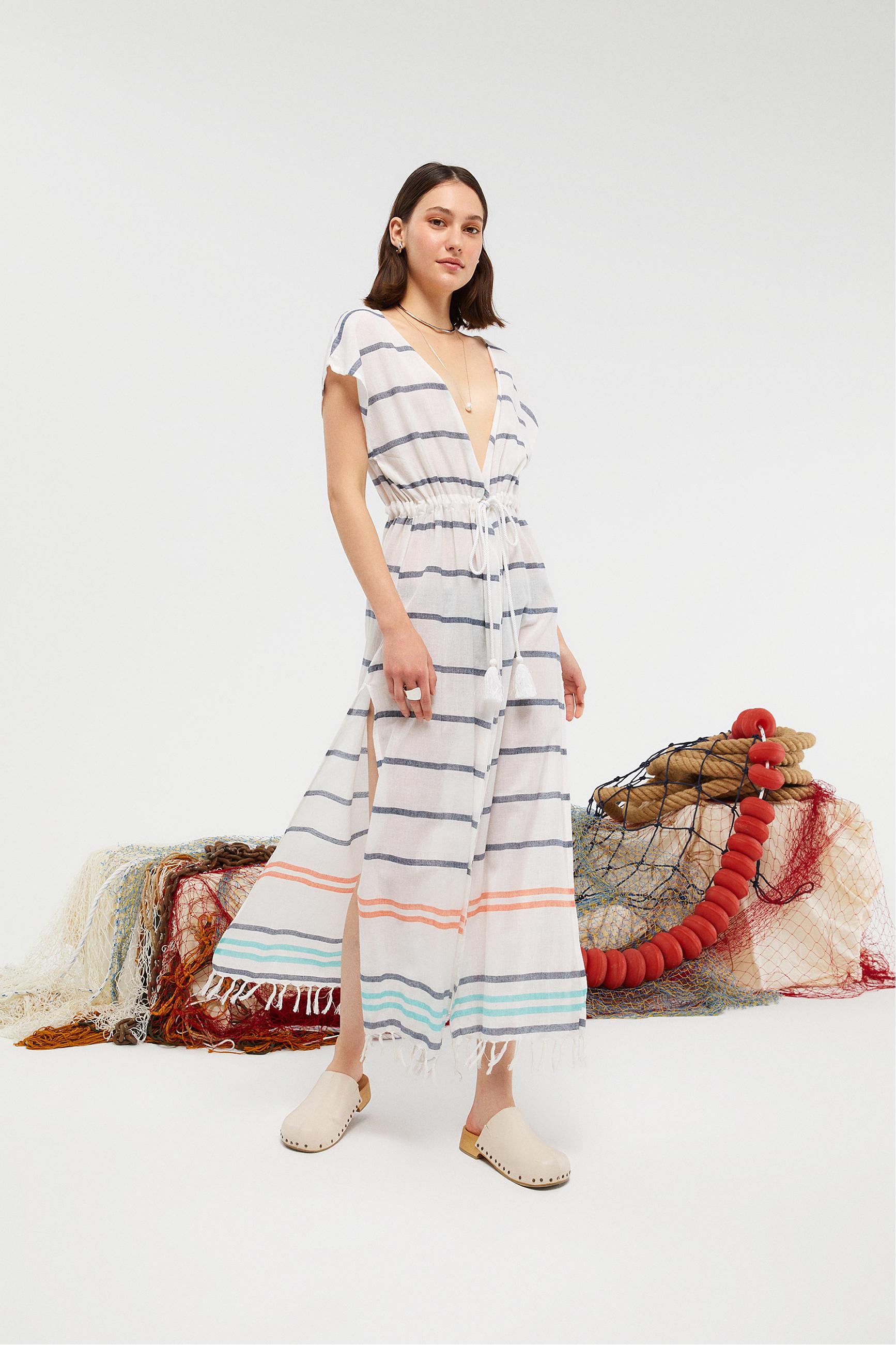BELİ BAĞLAMALI ÇİZGİLİ UZUN PLAJ ELBİSESİ