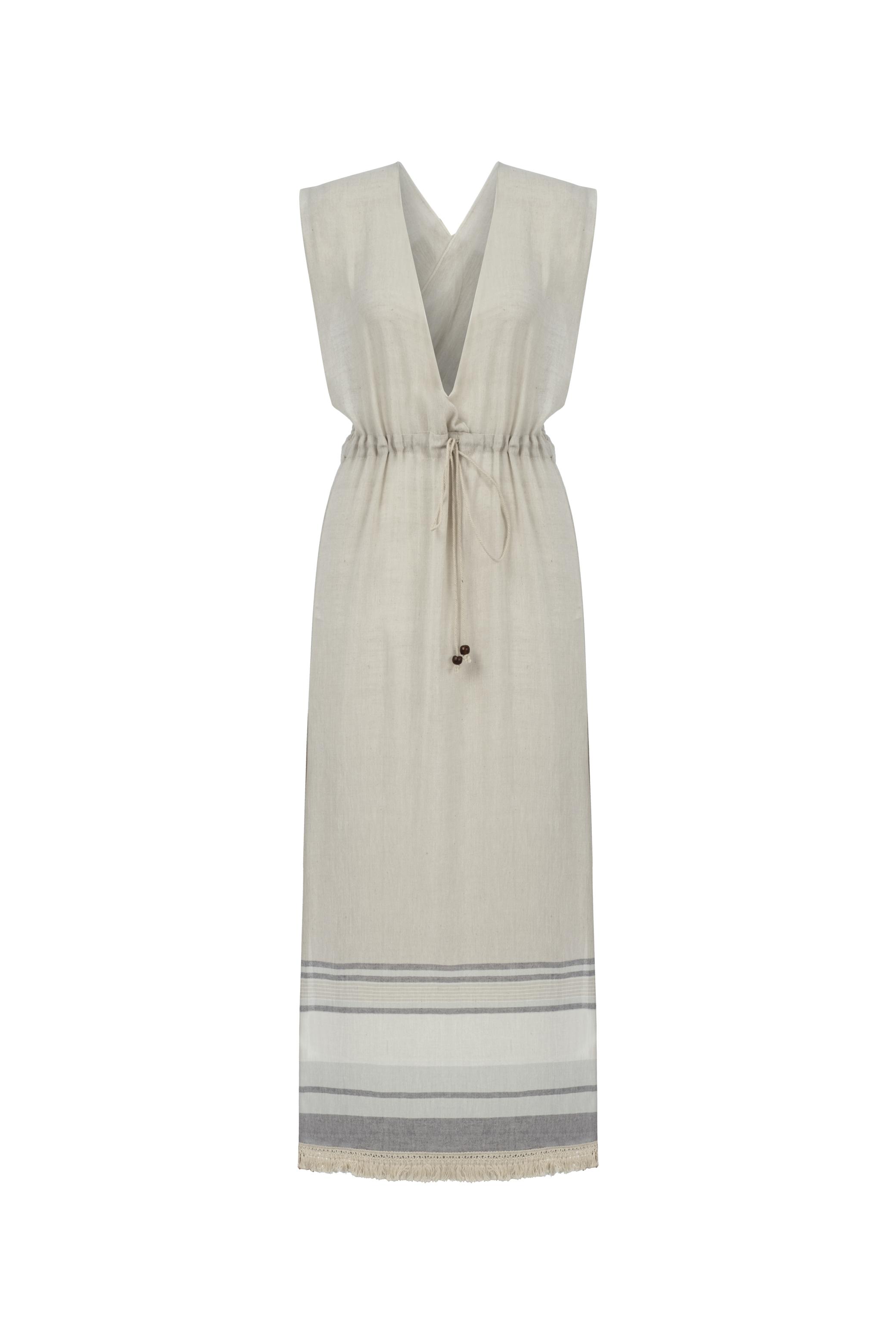 BELİ BAĞLAMALI UZUN PLAJ ELBİSESİ