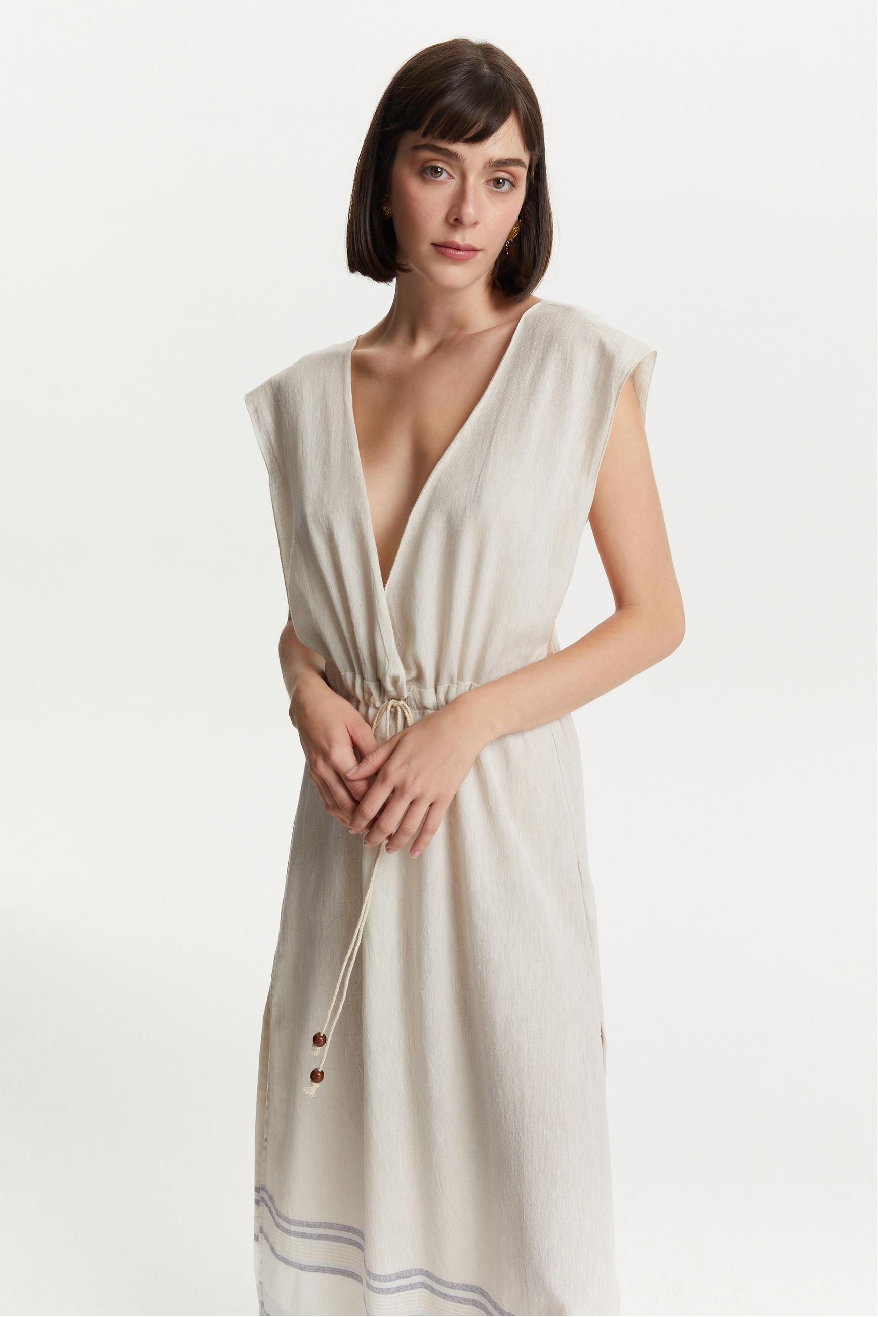 BELİ BAĞLAMALI UZUN PLAJ ELBİSESİ