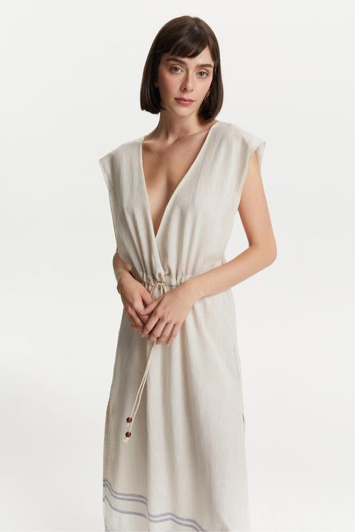  BELİ BAĞLAMALI UZUN PLAJ ELBİSESİ