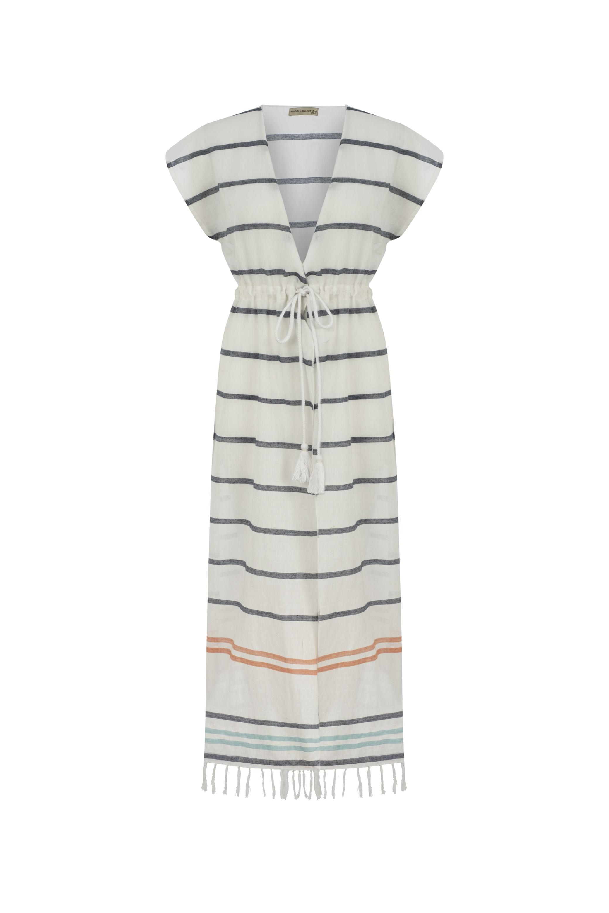 BELİ BAĞLAMALI ÇİZGİLİ UZUN PLAJ ELBİSESİ