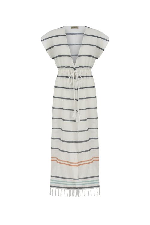  BELİ BAĞLAMALI ÇİZGİLİ UZUN PLAJ ELBİSESİ