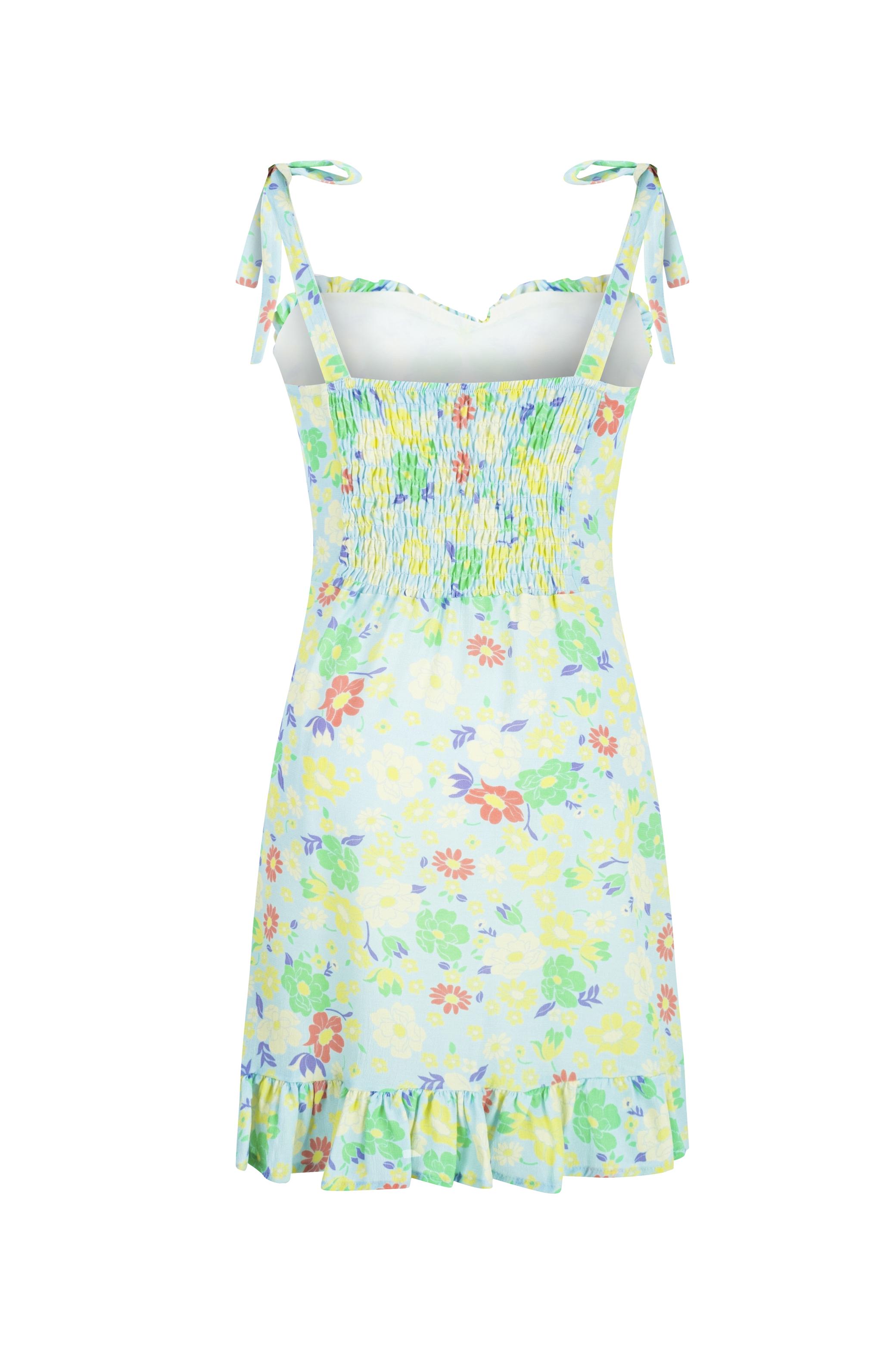 ÇİÇEKLİ ASKILI VOLAN DETAYLI MİNİ ELBİSE