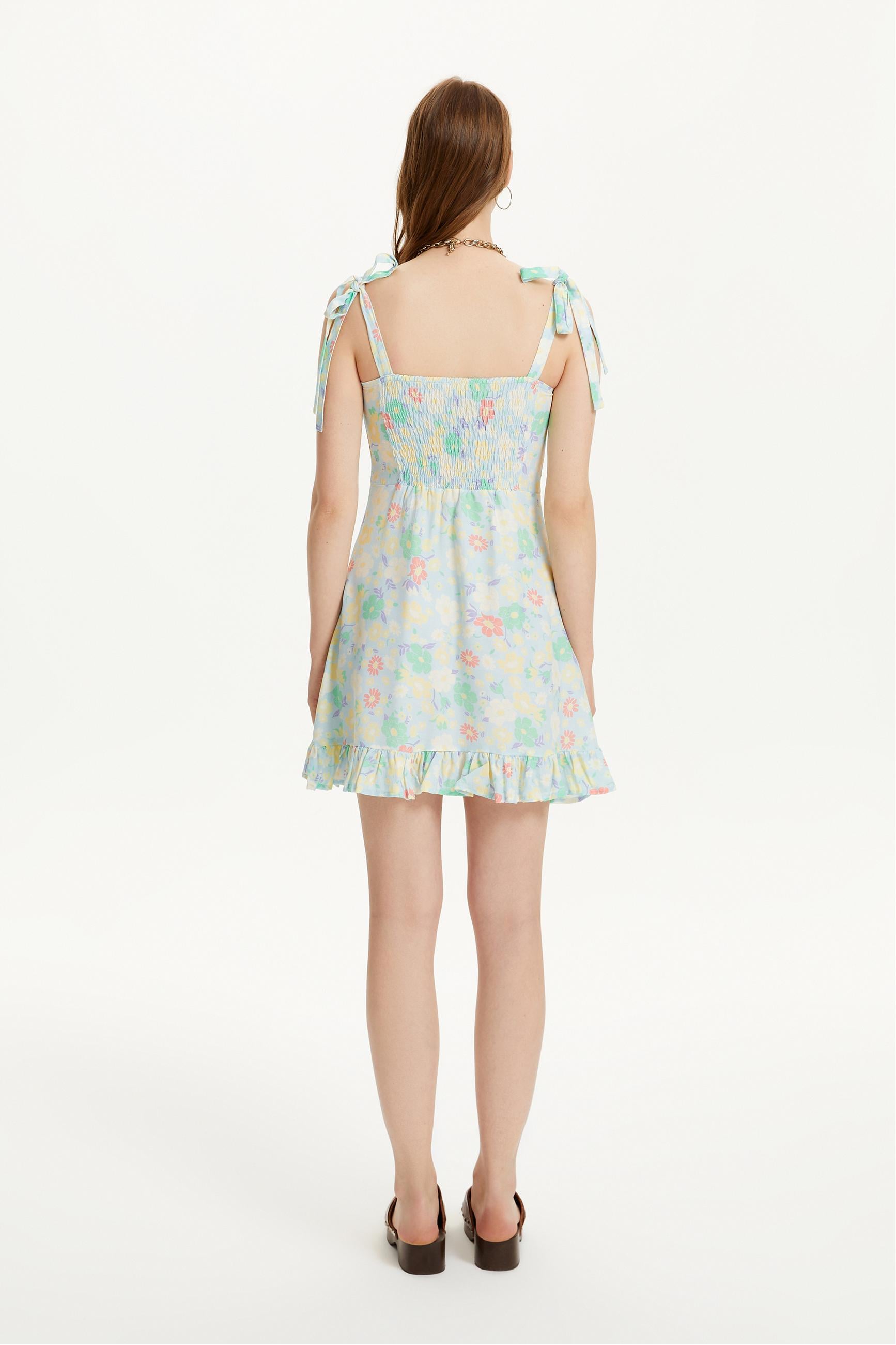 ÇİÇEKLİ ASKILI VOLAN DETAYLI MİNİ ELBİSE