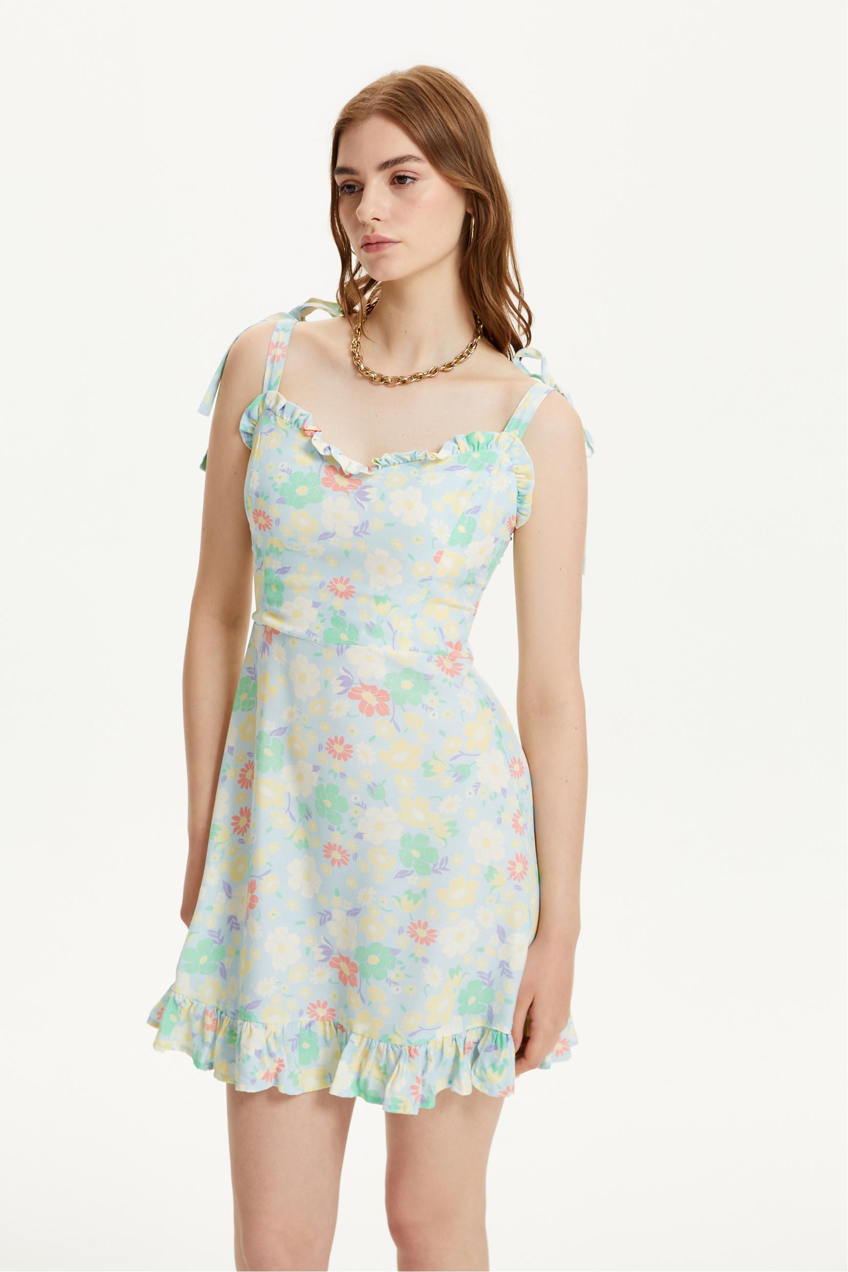 ÇİÇEKLİ ASKILI VOLAN DETAYLI MİNİ ELBİSE