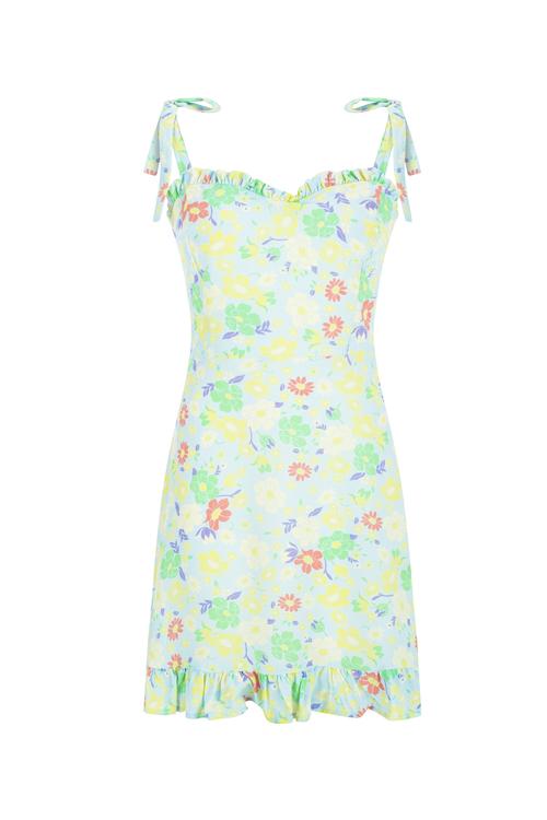  ÇİÇEKLİ ASKILI VOLAN DETAYLI MİNİ ELBİSE