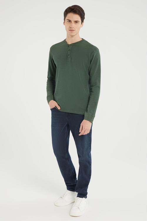  DÜĞMELİ DOKULU UZUN KOLLU T-SHIRT