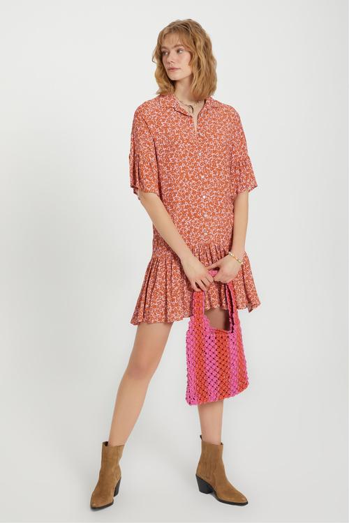  ÇİÇEK DESENLİ KISA KOLLU MİNİ GÖMLEK ELBİSE