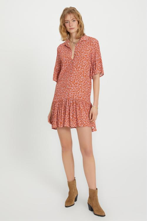  ÇİÇEK DESENLİ KISA KOLLU MİNİ GÖMLEK ELBİSE