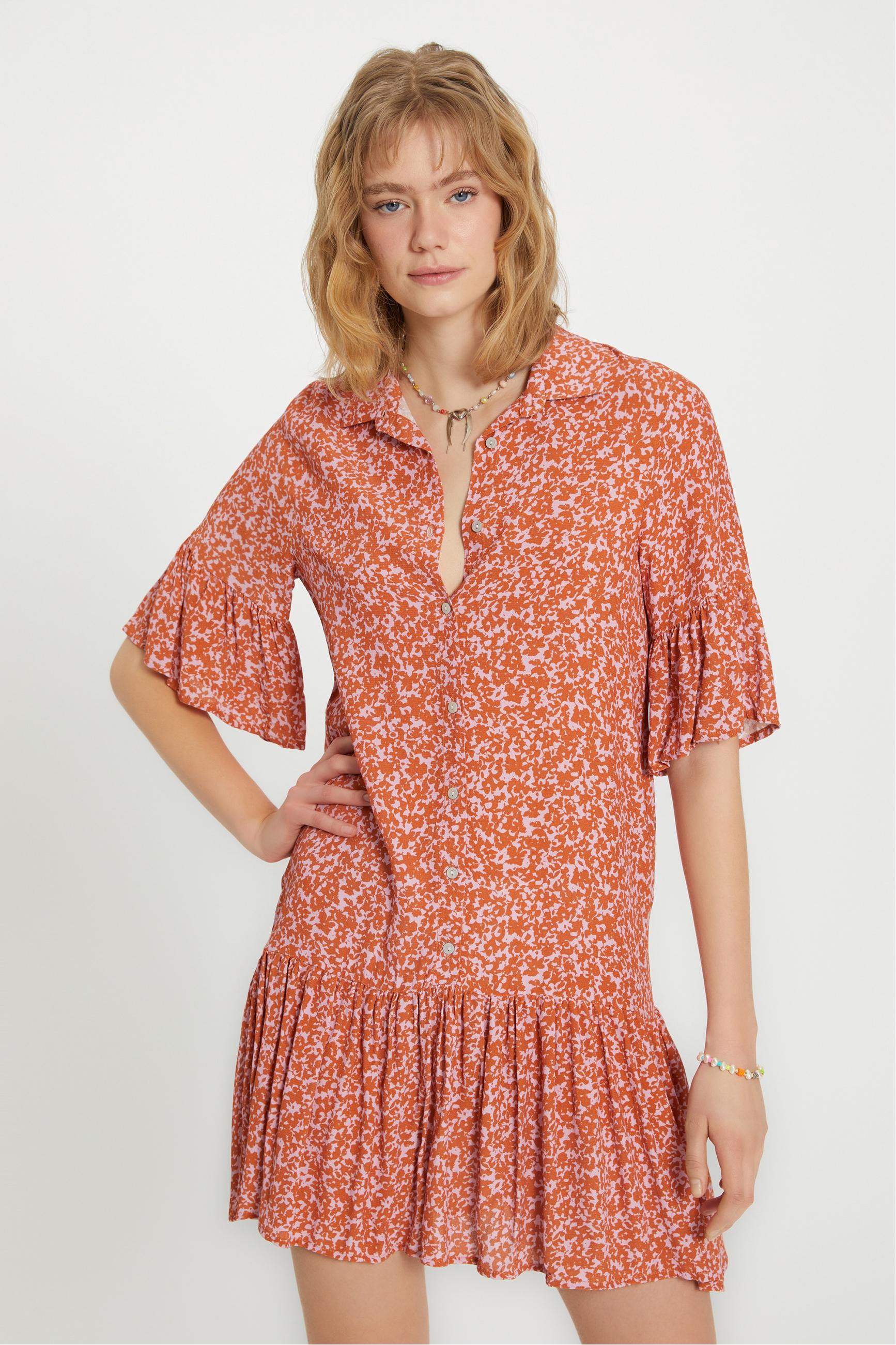 ÇİÇEK DESENLİ KISA KOLLU MİNİ GÖMLEK ELBİSE