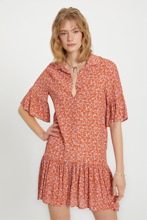  ÇİÇEK DESENLİ KISA KOLLU MİNİ GÖMLEK ELBİSE