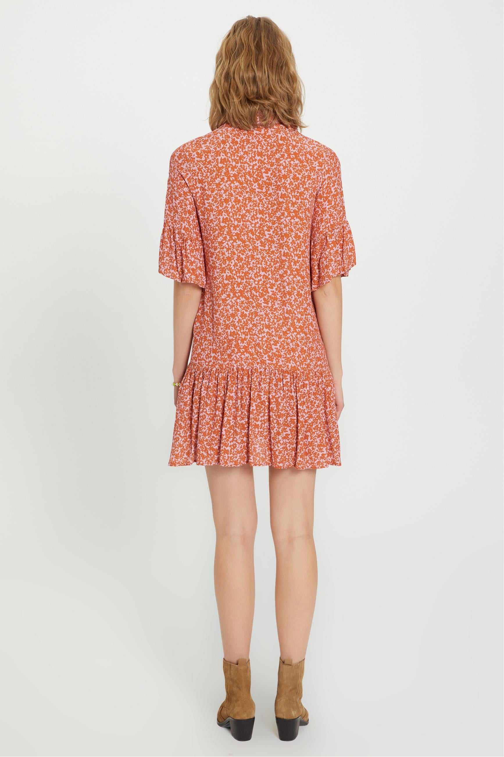 ÇİÇEK DESENLİ KISA KOLLU MİNİ GÖMLEK ELBİSE