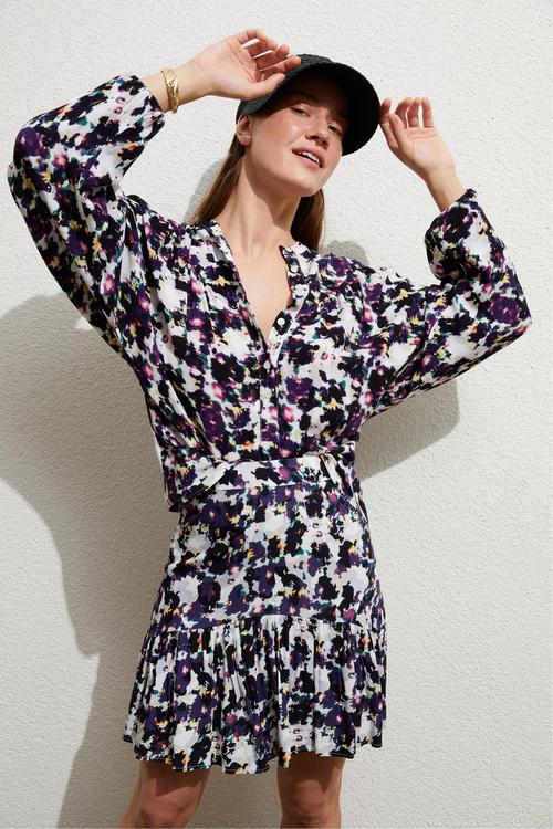  ÇİÇEK DESENLİ PİLİLİ MİNİ ETEK