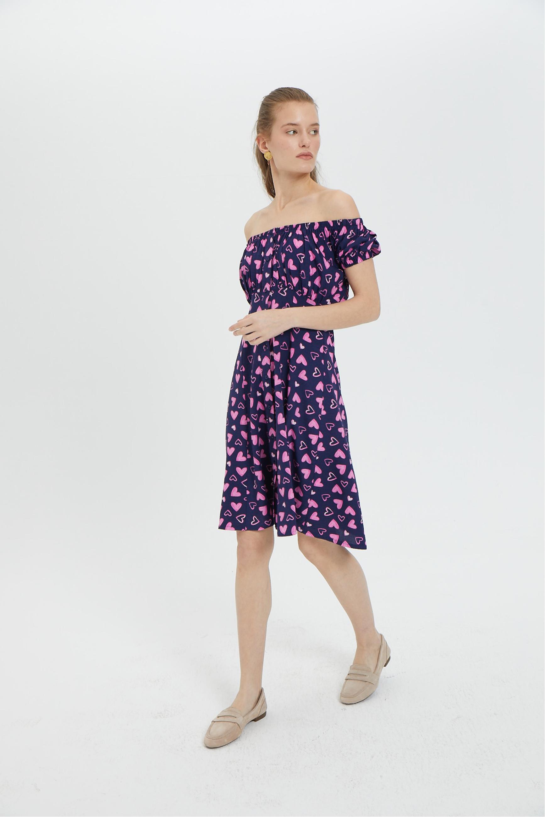 BASKILI CARMEN YAKA MİNİ ELBİSE