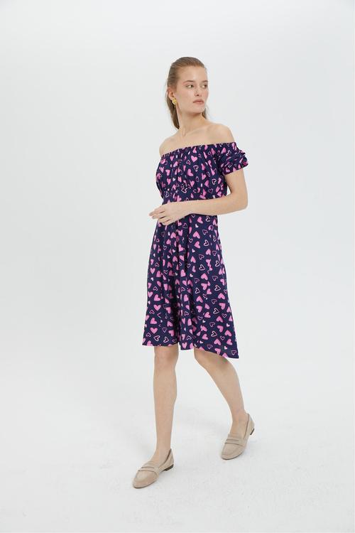  BASKILI CARMEN YAKA MİNİ ELBİSE