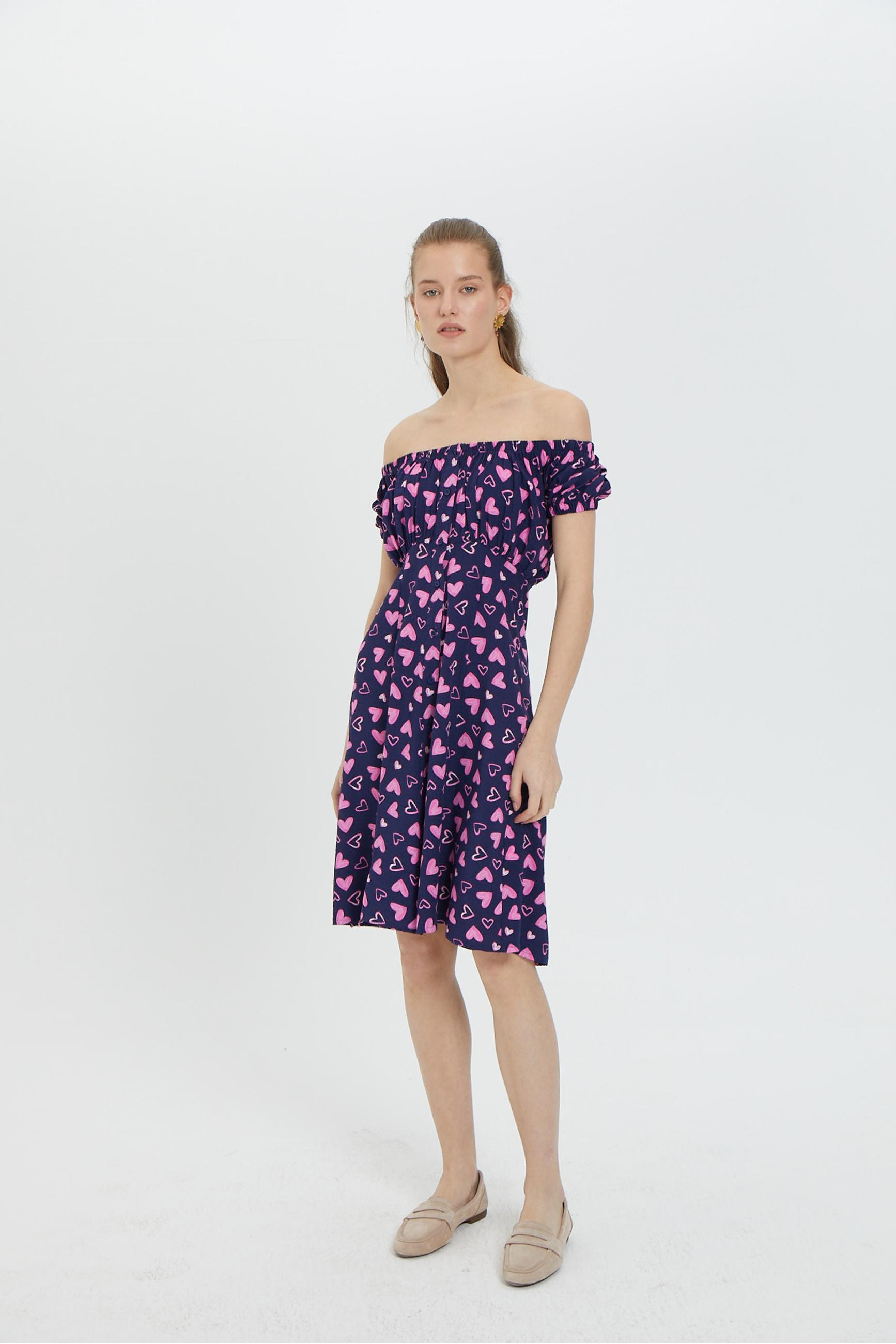 BASKILI CARMEN YAKA MİNİ ELBİSE