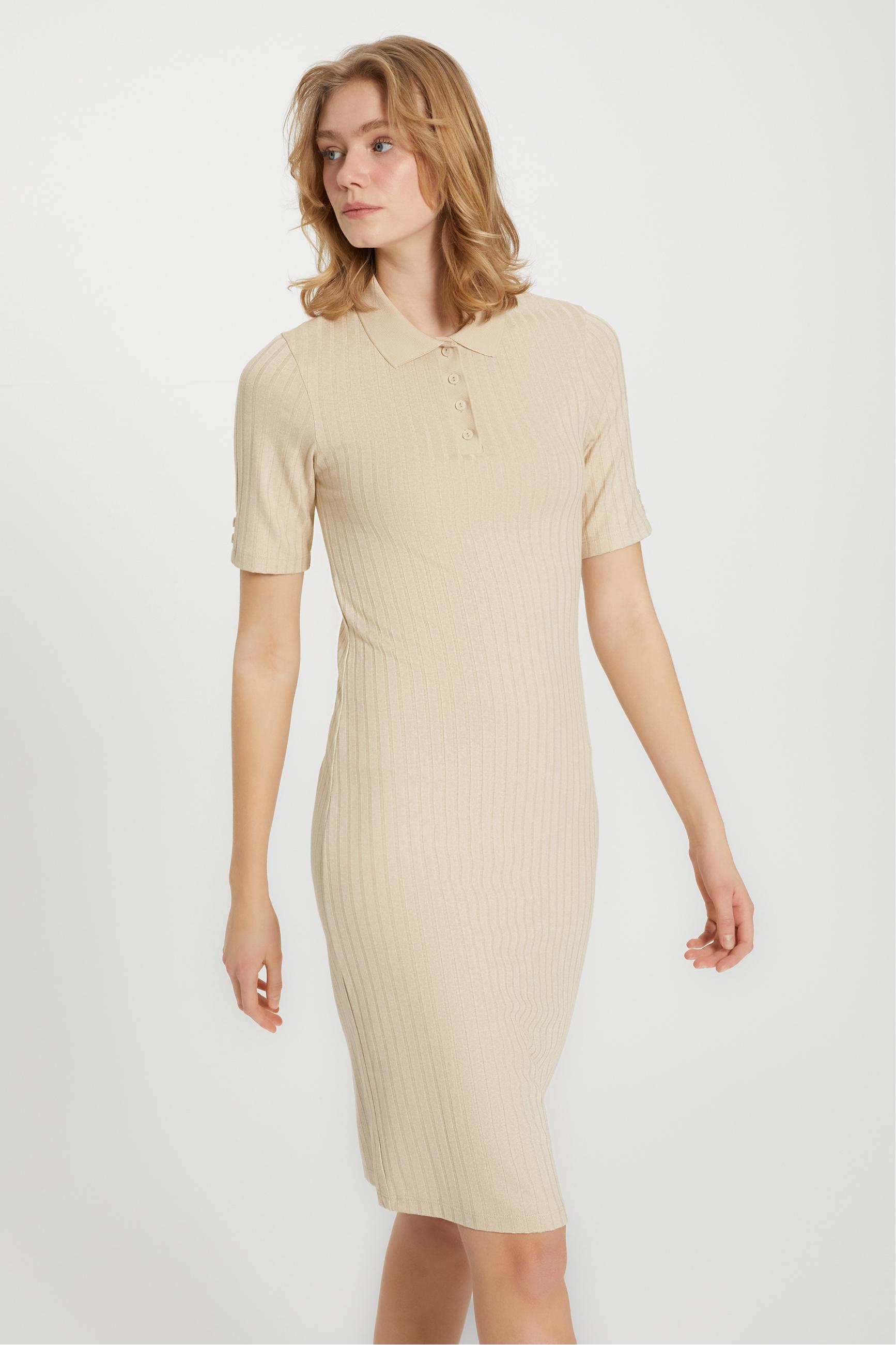 FİTİLLİ KISA KOLLU DAR KESİM MİDİ ELBİSE