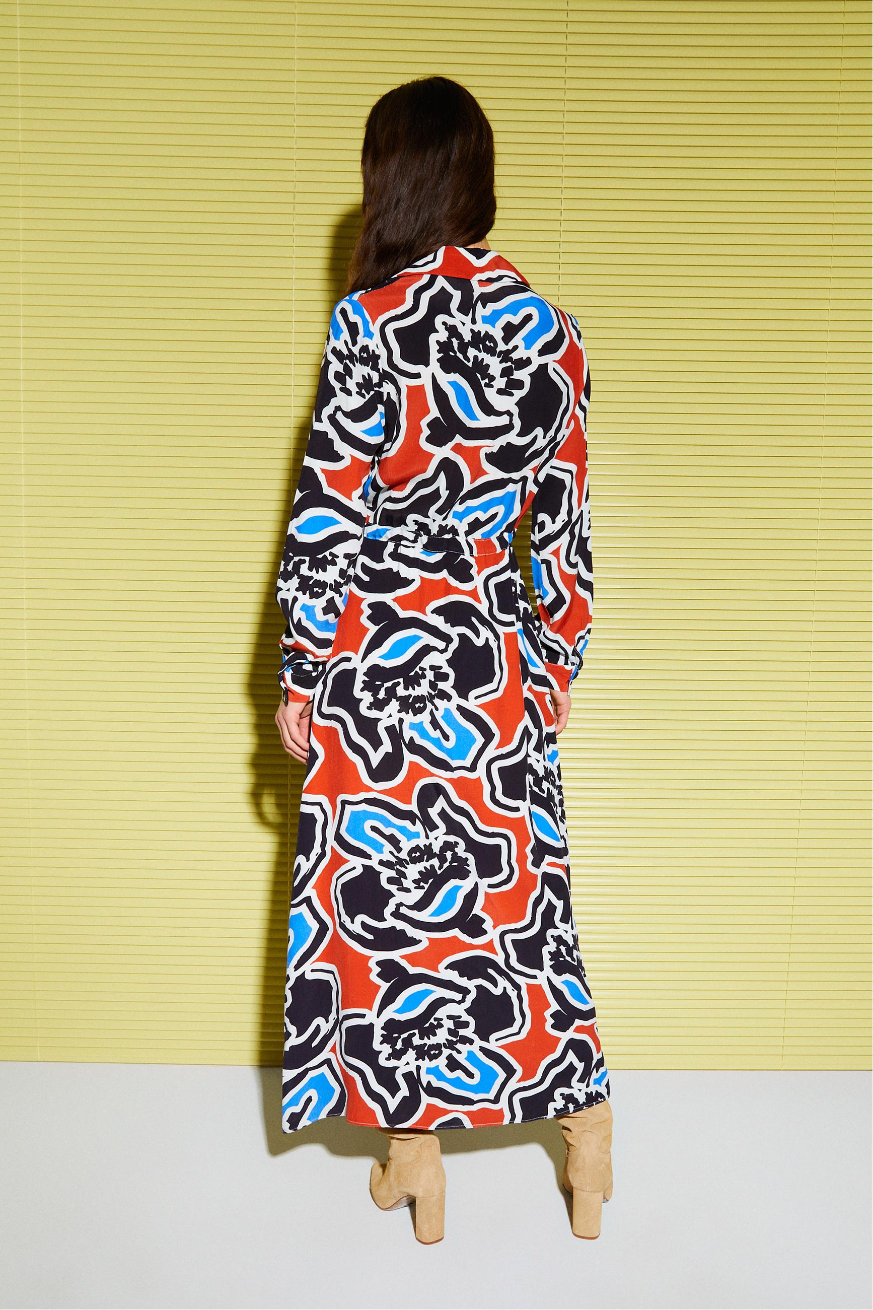 ÇİÇEK DESENLİ BELİ BAĞLAMALI UZUN ELBİSE