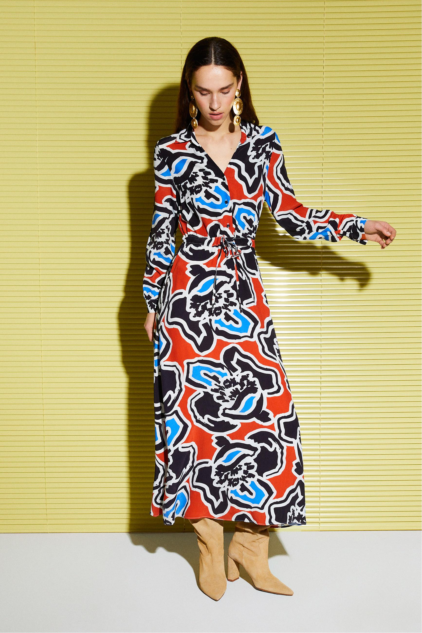 ÇİÇEK DESENLİ BELİ BAĞLAMALI UZUN ELBİSE