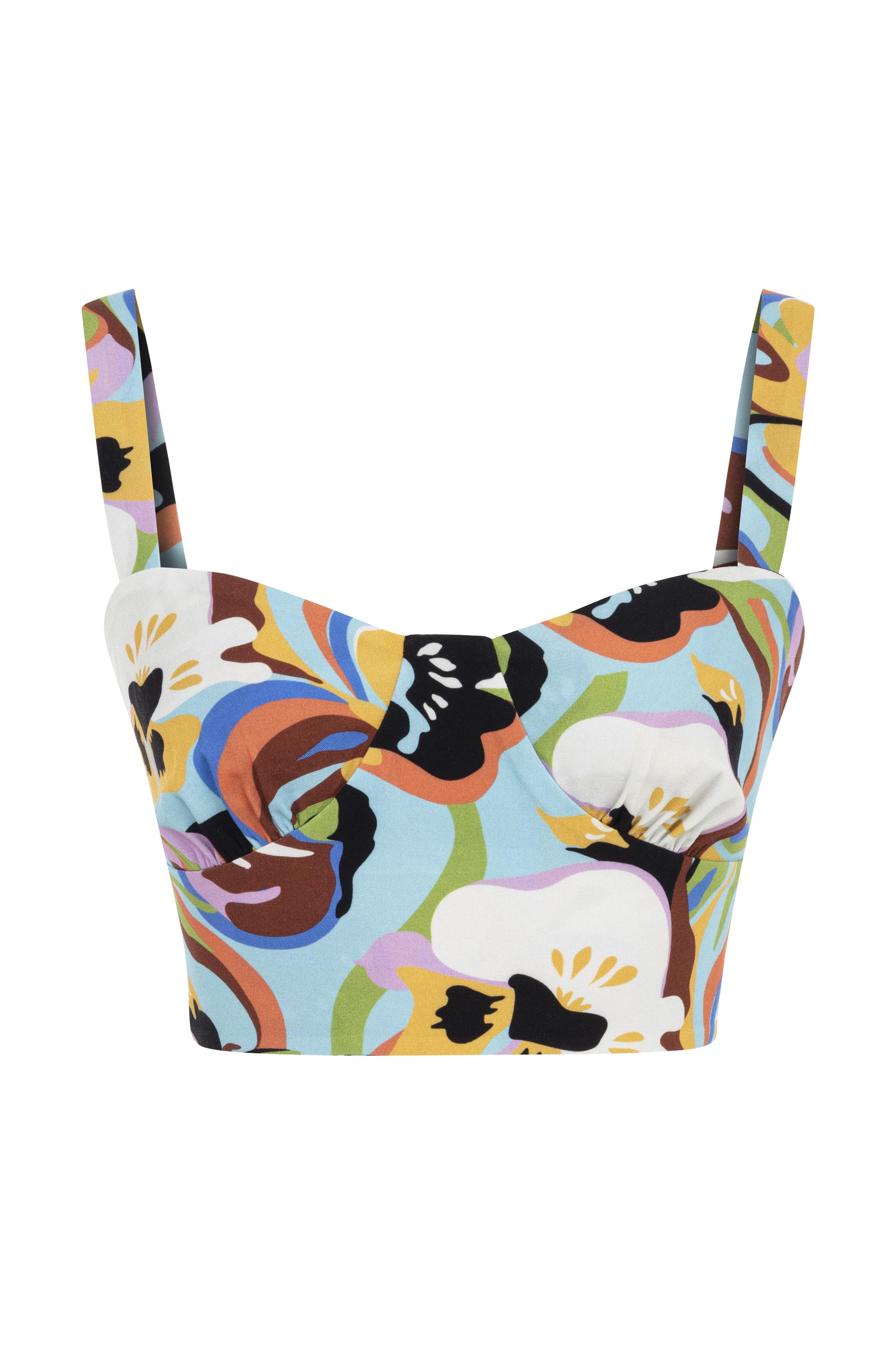 ÇİÇEK DESENLİ KOLSUZ CROP BLUZ