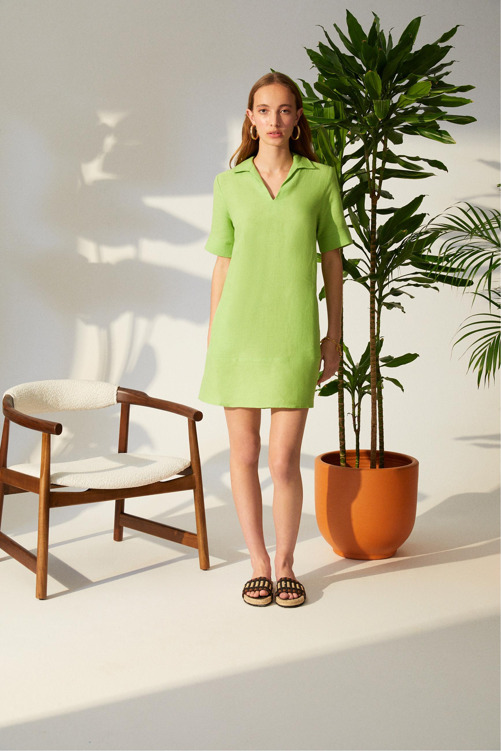 KISA KOLLU MİNİ KETEN ELBİSE