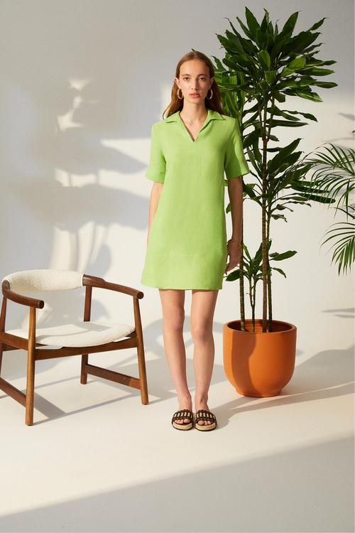  KISA KOLLU MİNİ KETEN ELBİSE