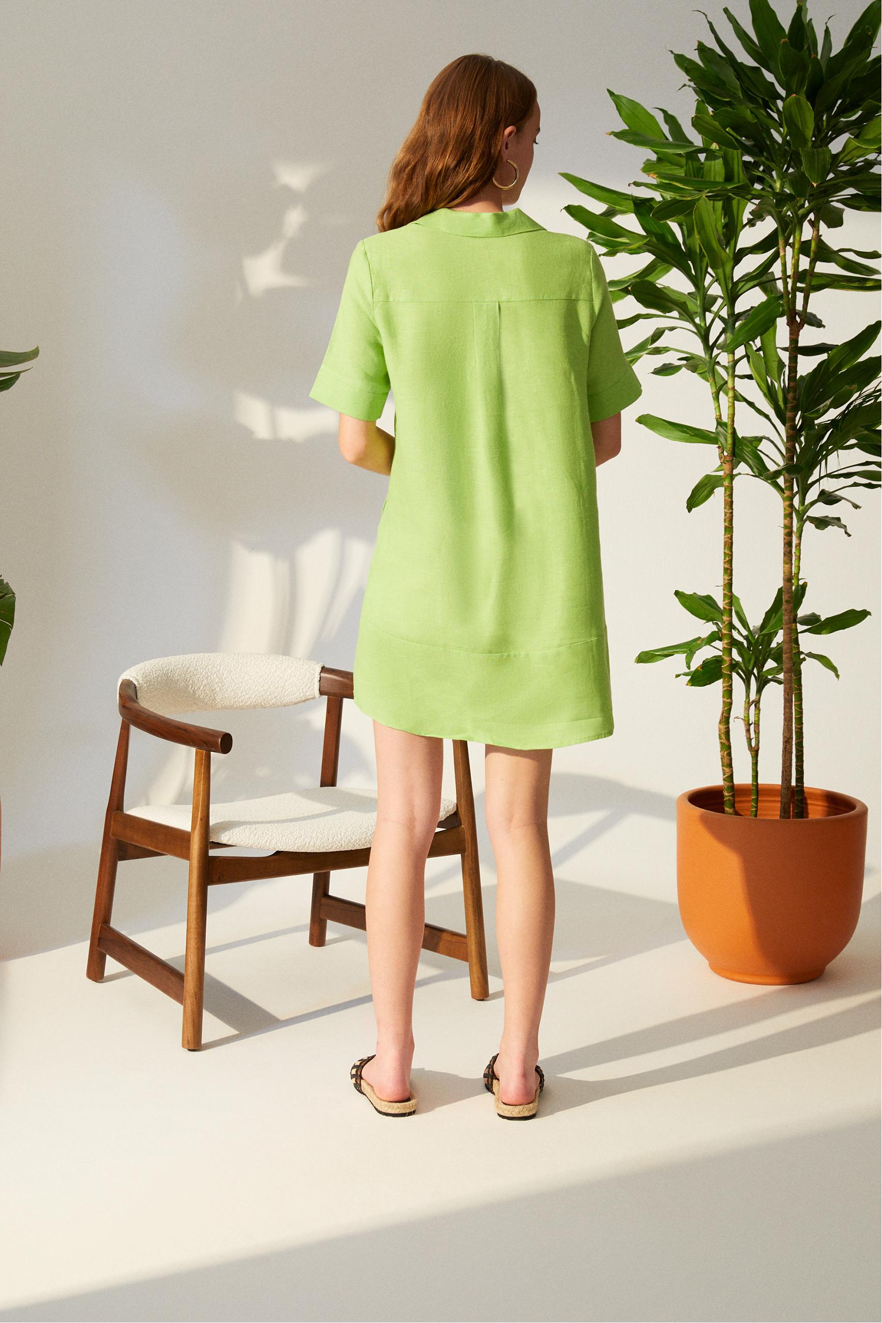 KISA KOLLU MİNİ KETEN ELBİSE