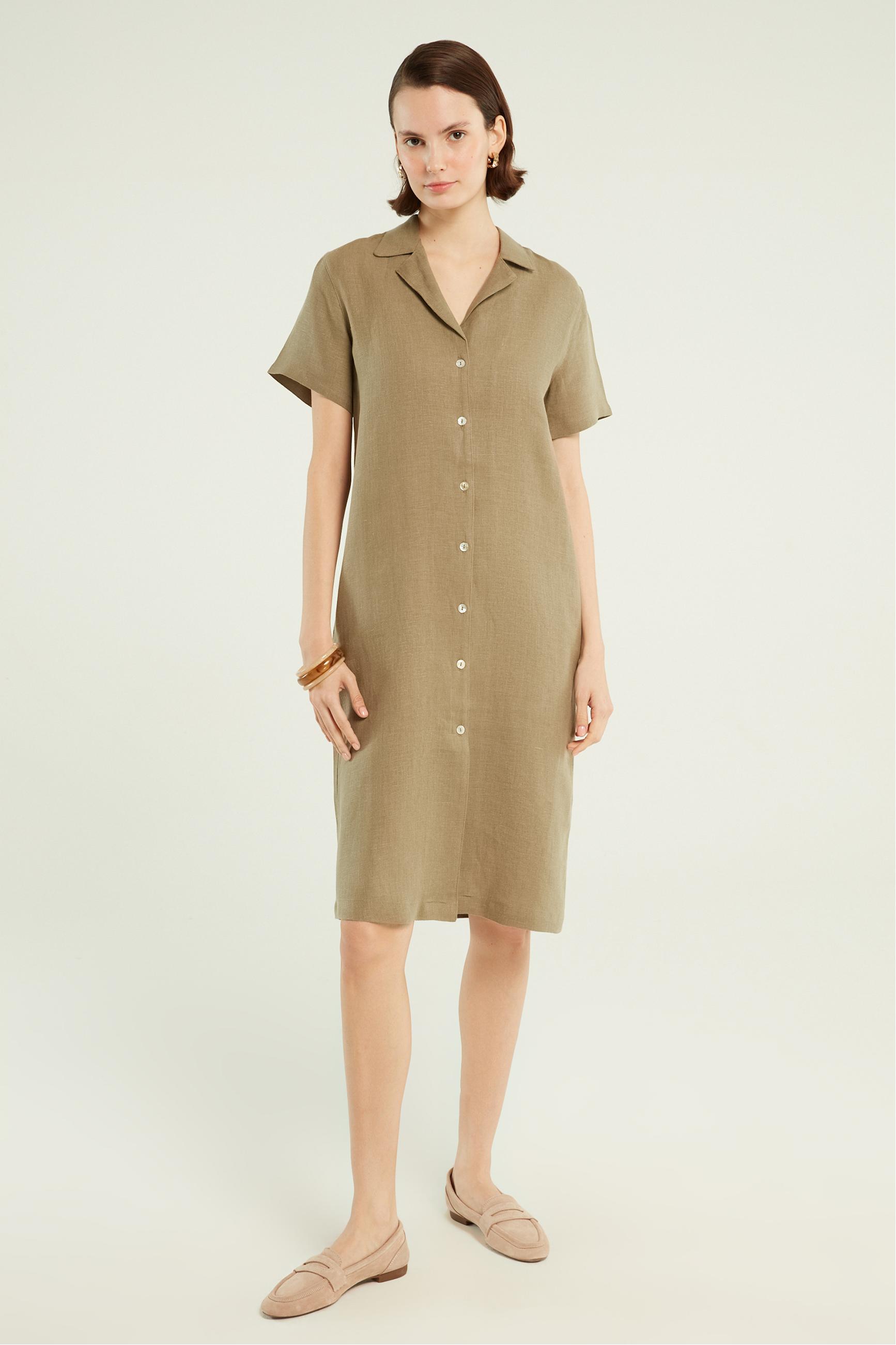 KISA KOLLU KETEN MİDİ GÖMLEK ELBİSE