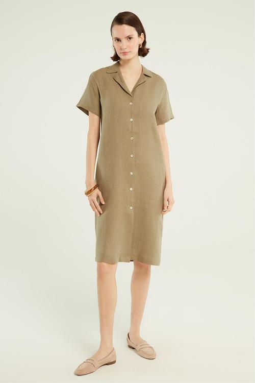  KISA KOLLU KETEN MİDİ GÖMLEK ELBİSE