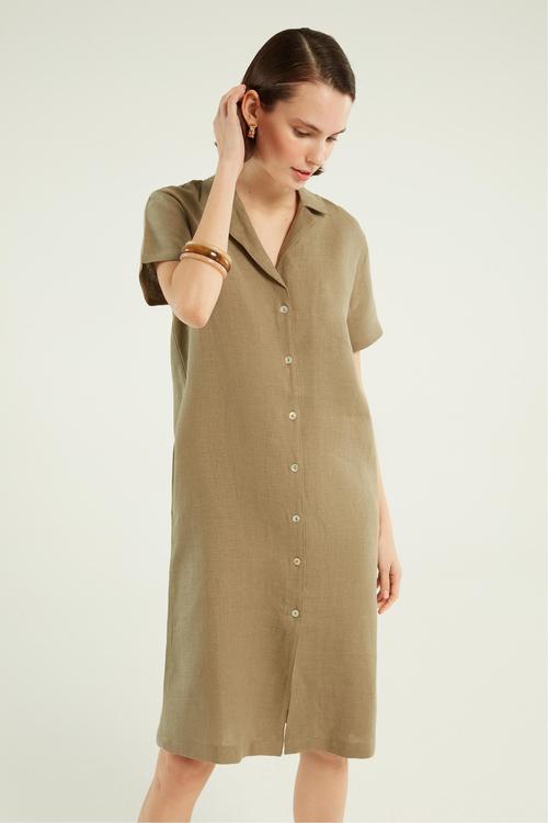  KISA KOLLU KETEN MİDİ GÖMLEK ELBİSE