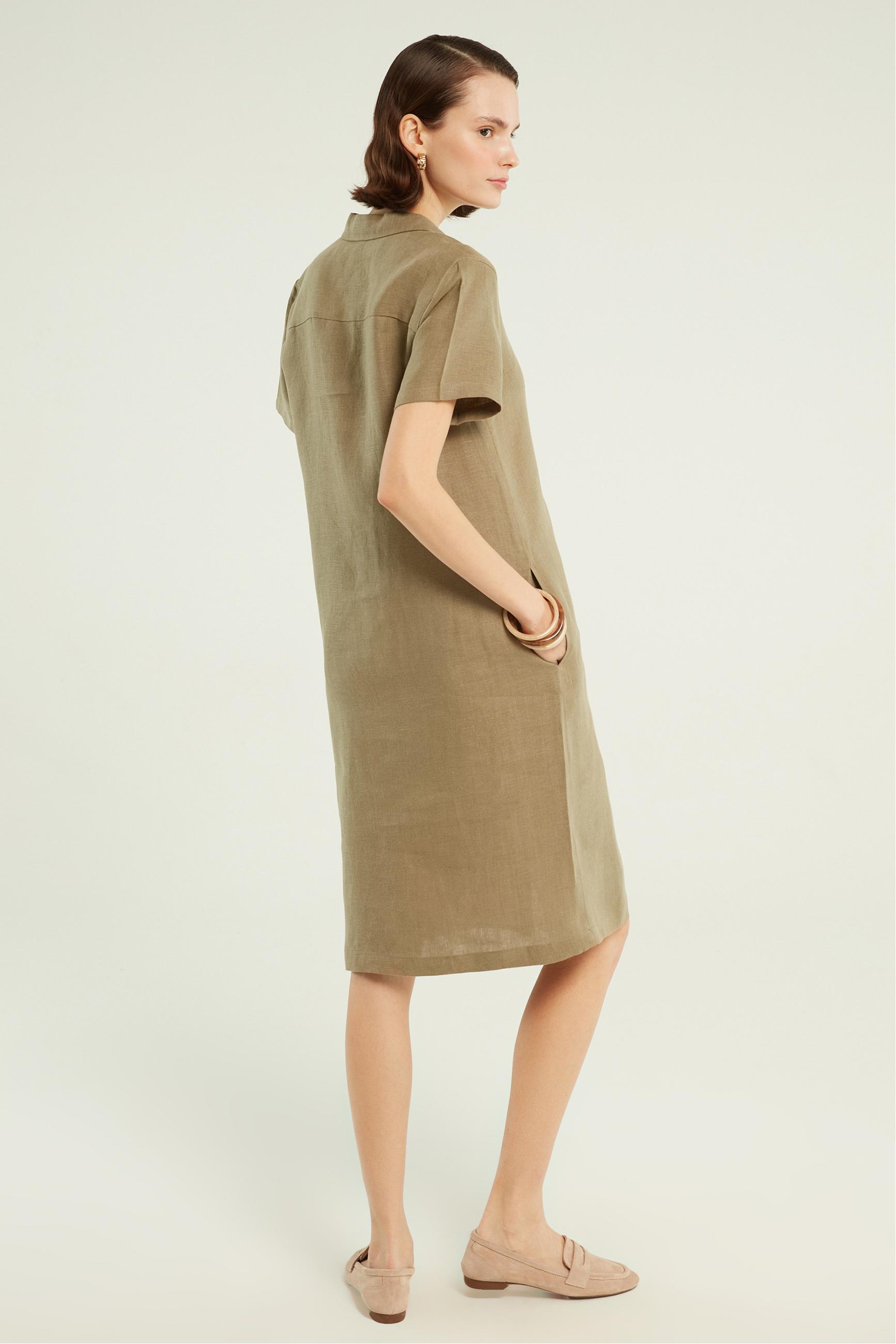 KISA KOLLU KETEN MİDİ GÖMLEK ELBİSE