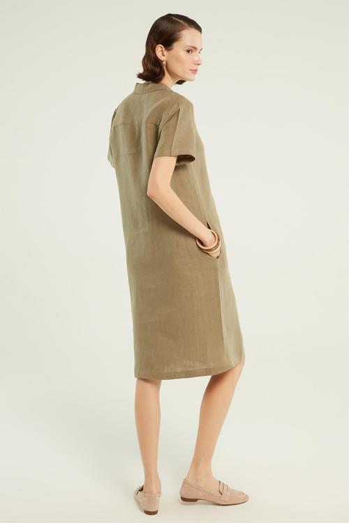  KISA KOLLU KETEN MİDİ GÖMLEK ELBİSE