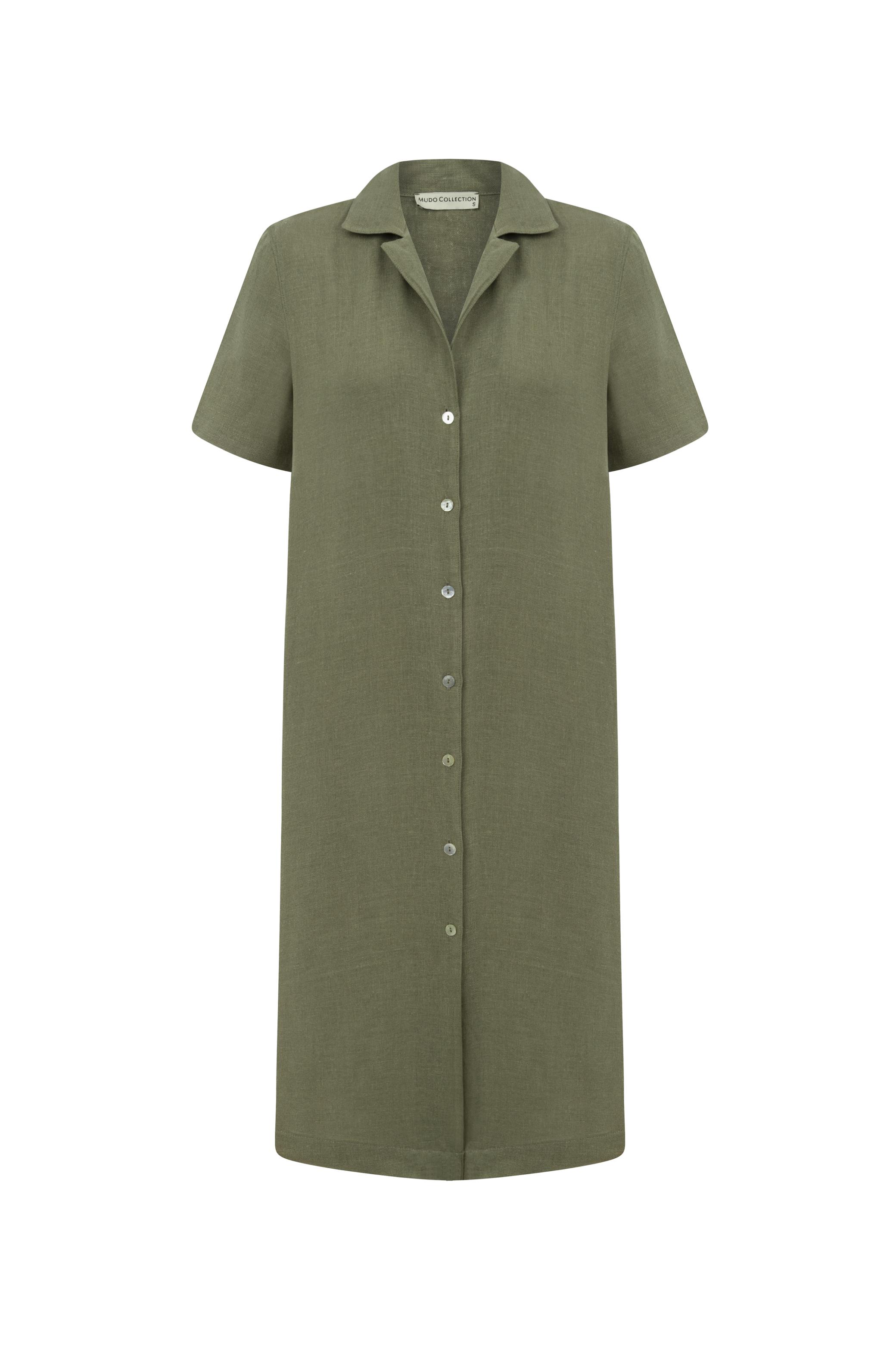 KISA KOLLU KETEN MİDİ GÖMLEK ELBİSE