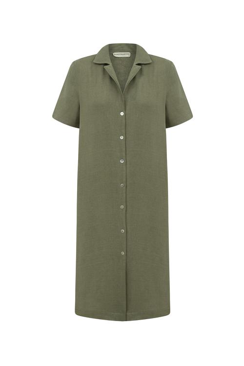  KISA KOLLU KETEN MİDİ GÖMLEK ELBİSE