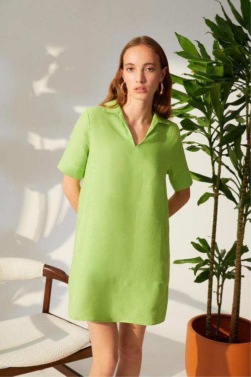  KISA KOLLU MİNİ KETEN ELBİSE