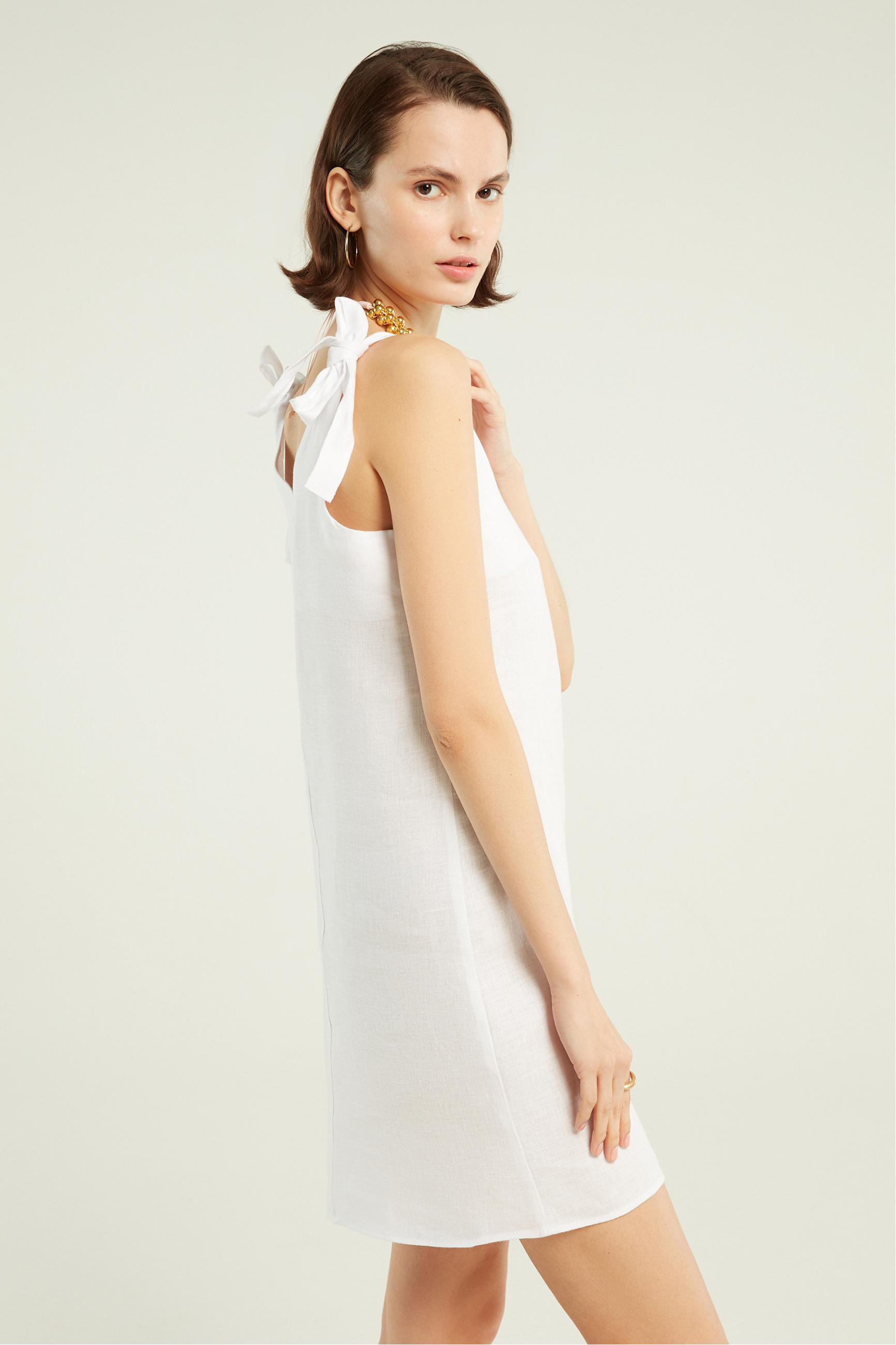 BAĞLAMA DETAYLI A FORM MİNİ KETEN ELBİSE