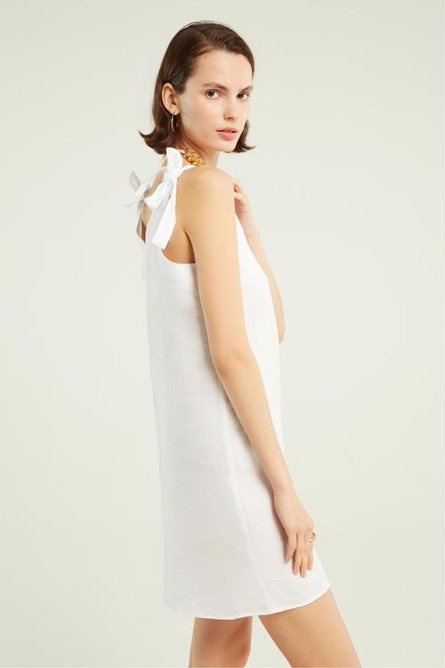 BAĞLAMA DETAYLI A FORM MİNİ KETEN ELBİSE