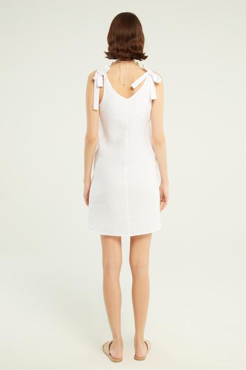  BAĞLAMA DETAYLI A FORM MİNİ KETEN ELBİSE